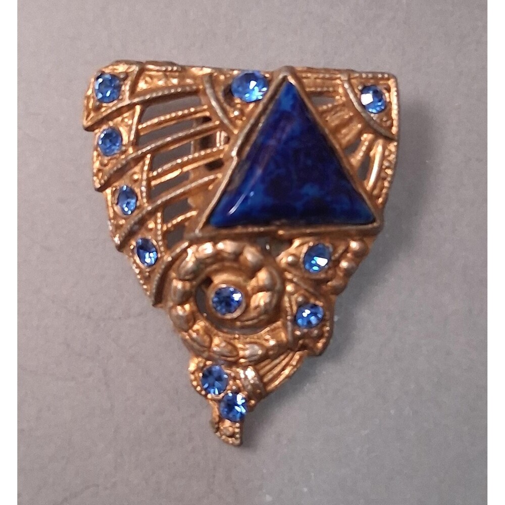 Art Deco Lapis Glass Dress Clip Blue Rhinestones